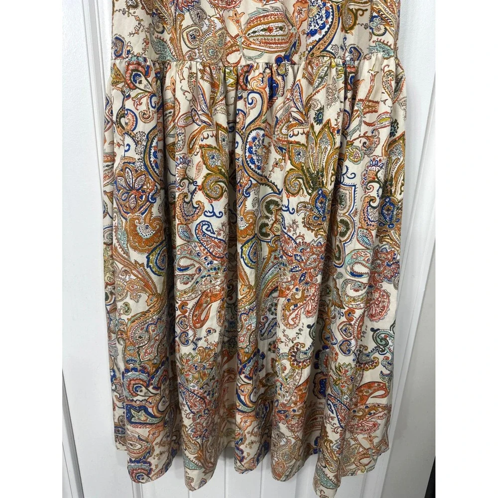 Paisley Tiered Maxi Skirt Womens Medium Boho Earthy Whimsy Elastic Waist Cream